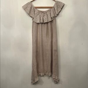 Marina Gigli Off-Shoulder Eyelet-Trim Linen Midi Dress in Taupe made in Italy